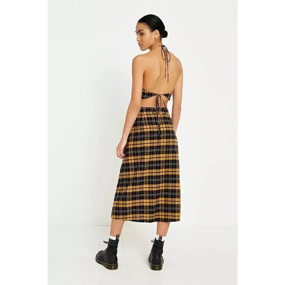 New Urban Outfitters UO Checked Button-Through Cut-Out Tulip Dress Size S - Picture 6 of 13